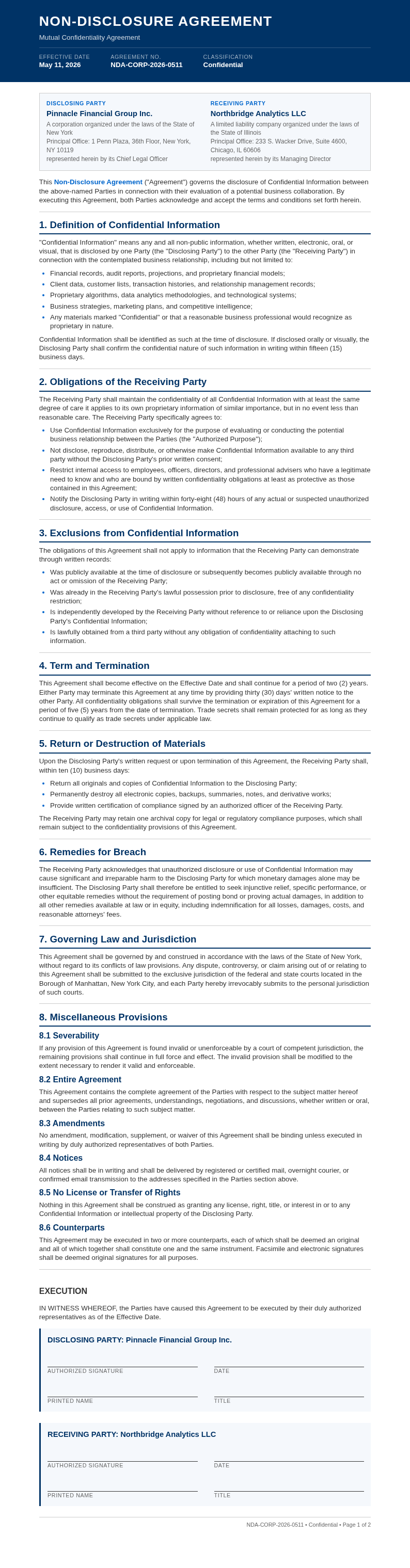 Corporate standard Non Disclosure Agreement